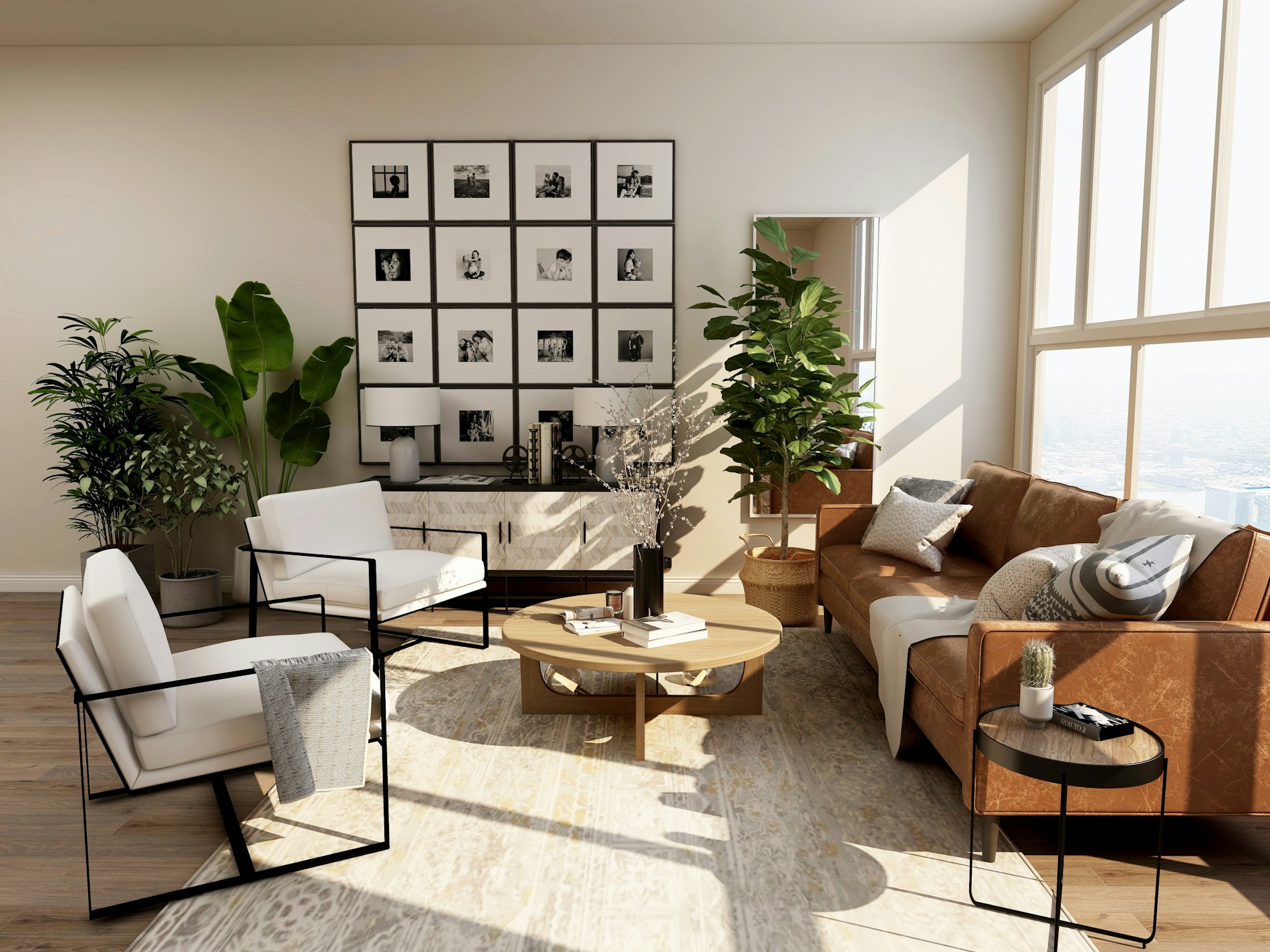 Sunlit lounge with a leather sofa and a gallery wall of framed photographs